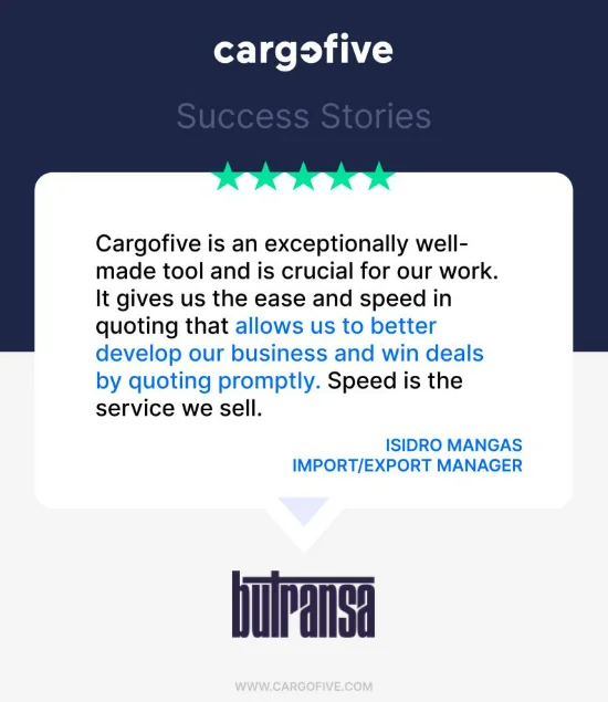 Customer Success Story: Isidro Mangas, Import/Export Manager at Butransa, highlights how Cargofive simplifies quoting processes and helps close deals faster, enabling better business development through speed and efficiency.