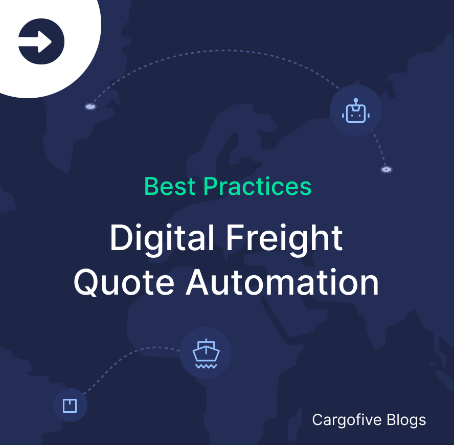 Dark-themed digital graphic featuring the title 'Best Practices: Digital Freight Quote Automation' in white and green text. The background includes a stylized world map with interconnected logistics icons, symbolizing the automation of freight quoting processes.