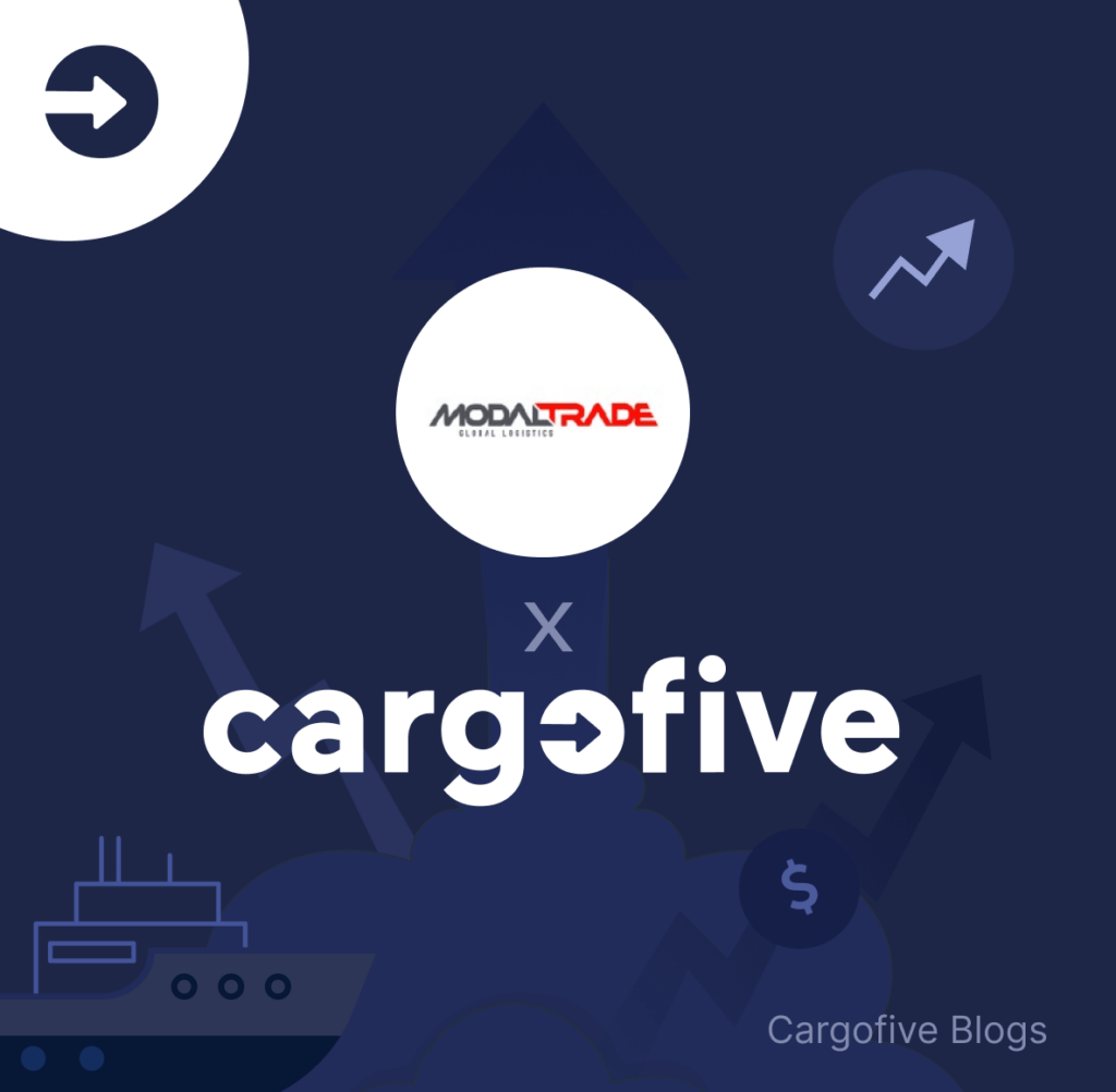 Featured image for a case study on the collaboration between Modal Trade Global Logistics and Cargofive. Dark blue background with logistics-themed icons, the Modal Trade logo on top, an 'X' in the center, and the Cargofive logo below.