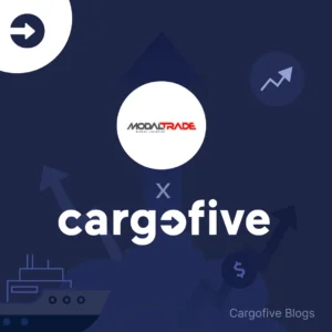 Featured image for a case study on the collaboration between Modal Trade Global Logistics and Cargofive. Dark blue background with logistics-themed icons, the Modal Trade logo on top, an 'X' in the center, and the Cargofive logo below.