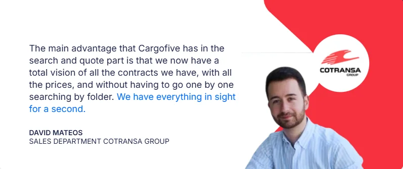 Testimonial from David Mateos, Sales Department at Cotransa Group, about Cargofive. He highlights the advantage of having a complete view of all contracts and prices without manually searching through folders. The image includes his photo and the Cotransa Group logo on a red and white background.