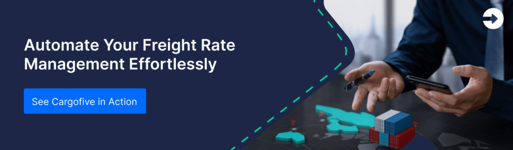Promotional banner featuring the text 'Automate Your Freight Rate Management Effortlessly' with a call-to-action button labeled 'See Cargofive in Action.' The image includes a business professional using a smartphone and a stylized logistics map with shipping containers, symbolizing digital freight rate automation.