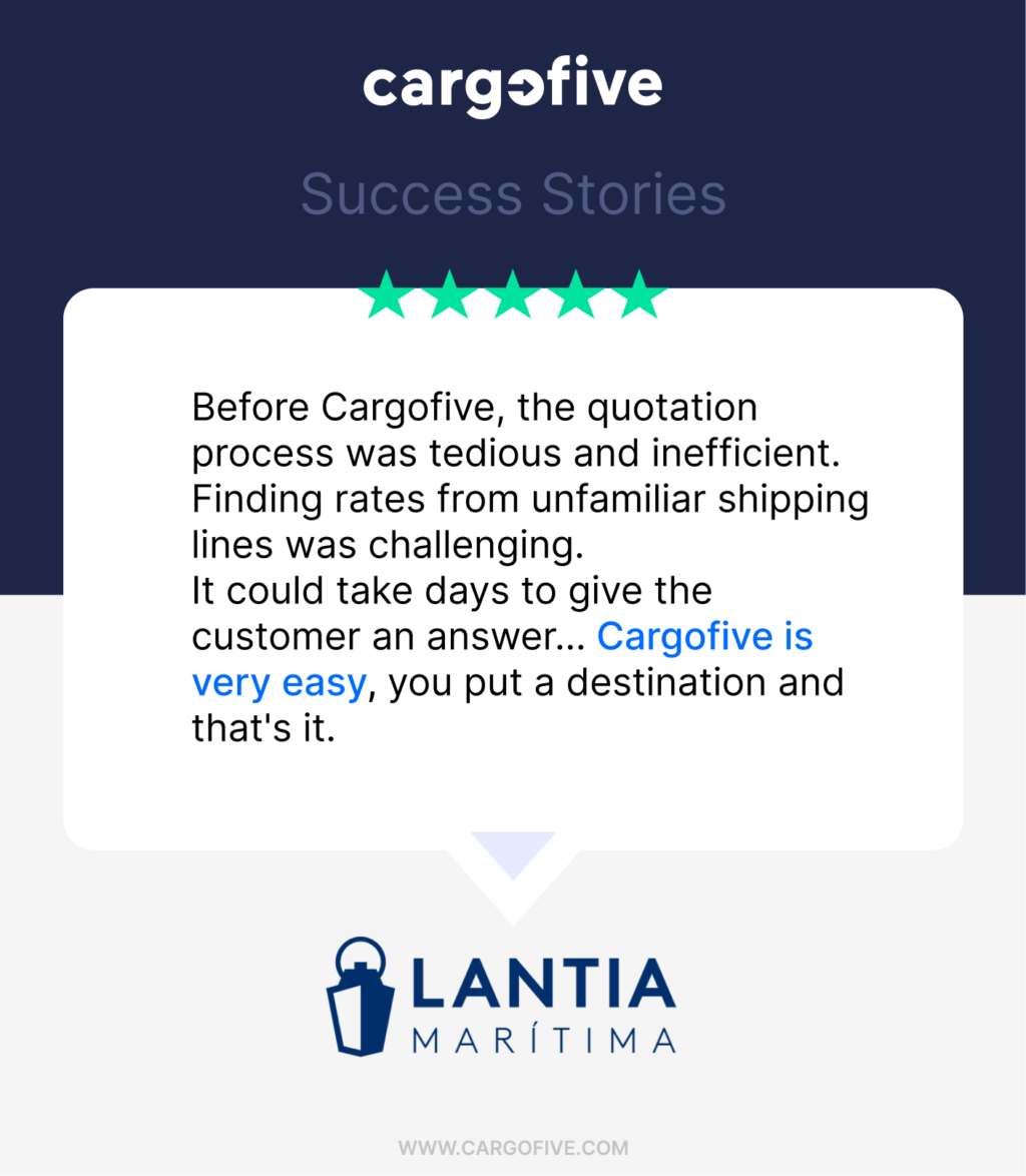 Testimonial from Lantia Marítima about Cargofive. Highlighted text: 'Before Cargofive, the quotation process was tedious and inefficient. Finding rates from unfamiliar shipping lines was challenging... Cargofive is very easy, you put a destination and that's it.' Image with a blue and white background, 5-star rating, and Lantia Marítima logo at the bottom