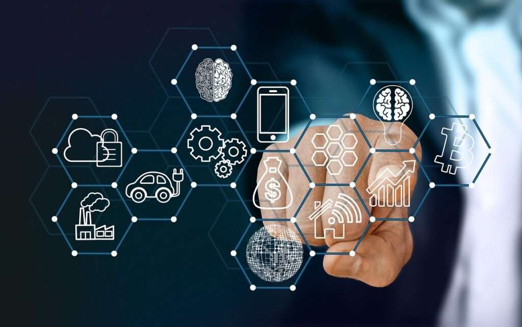 A business professional interacts with a futuristic digital interface displaying hexagonal icons representing technology trends such as artificial intelligence, blockchain, cloud security, automation, and smart devices.