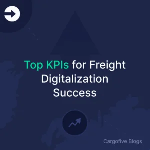 Dark blue thumbnail graphic with the title 'Top KPIs for Freight Digitalization Success' in bold white and green text, featuring upward-pointing arrows and freight map elements in the background. Designed for Cargofive’s blog post on key performance indicators driving successful logistics and freight digital transformation.