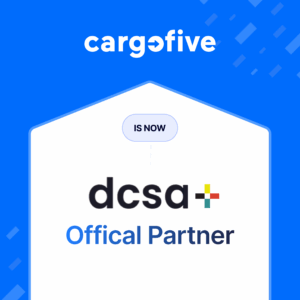 A bold and vibrant announcement graphic featuring the brand "Cargofive" at the top in white text on a bright blue background with abstract geometric accents. Below, inside a white, house-shaped frame, there is a small rounded label in light blue that reads “IS NOW.” Centered prominently beneath it is the logo for “dcsa+” in black lowercase letters with a multicolored plus sign at the end. Below the logo, in large blue text, it reads “Offical Partner.” (Note: “Official” is misspelled as “Offical” in the image.) The graphic visually conveys a formal partnership between Cargofive and DCSA, celebrating Cargofive’s new status as an official partner.
