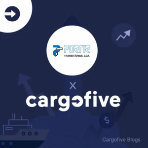Graphic announcing a partnership between Cargofive and Portir Transitários, LDA. The logos of both companies are centered, with 'Portir Transitários, LDA.' in a white circle above and 'cargofive' below, connected by an 'X'. The background features upward-pointing arrows, a cargo ship icon, and symbols of growth and commerce, with the label 'Cargofive Blogs' in the bottom-right corner.