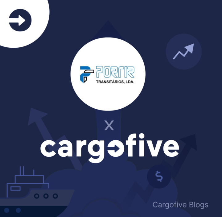 Graphic announcing a partnership between Cargofive and Portir Transitários, LDA. The logos of both companies are centered, with 'Portir Transitários, LDA.' in a white circle above and 'cargofive' below, connected by an 'X'. The background features upward-pointing arrows, a cargo ship icon, and symbols of growth and commerce, with the label 'Cargofive Blogs' in the bottom-right corner.